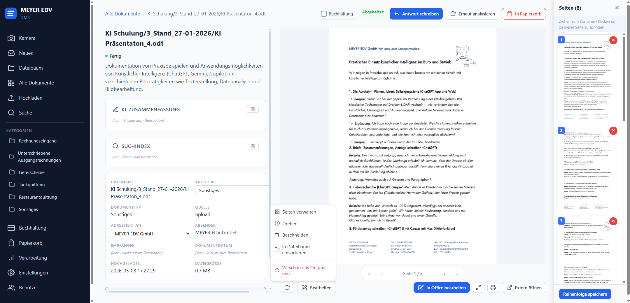 Screenshot: MEYER EDV DMS – KI-Zusammenfassung, intelligenter Suchindex, Mehrseiten-Verwaltung