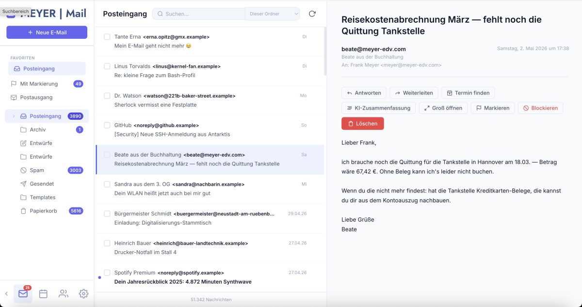 Screenshot: MEYER Mail – Posteingang mit KI-Sortierung, Vorlagen und Anhangs-Vorschau